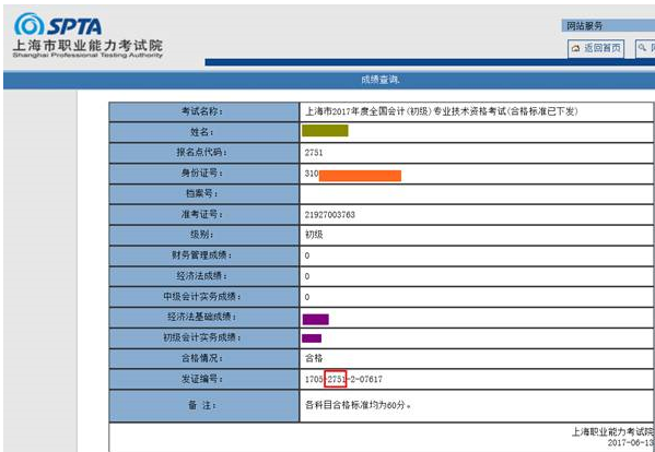 初级会计合格成绩单